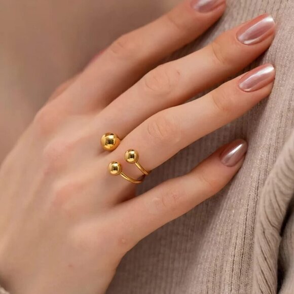 🆕️18K Gold Plated Adjustable Triple Beads Stainless Steel Statement Ring Sz 7 - Picture 10 of 13